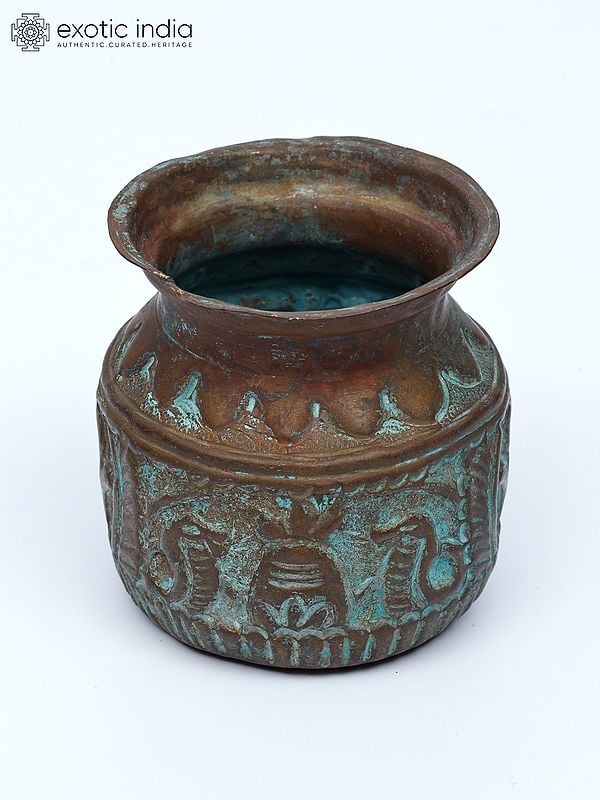 Exotic India 10" Set Of Three Vintage Puja Kalash In Copper 