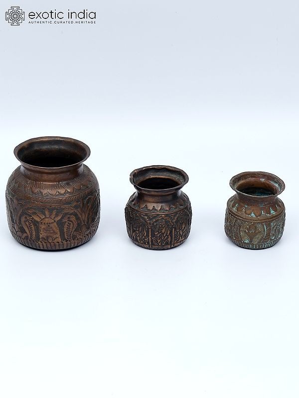 exotic india 10" Set of Three Vintage Puja Kalash in Copper 
