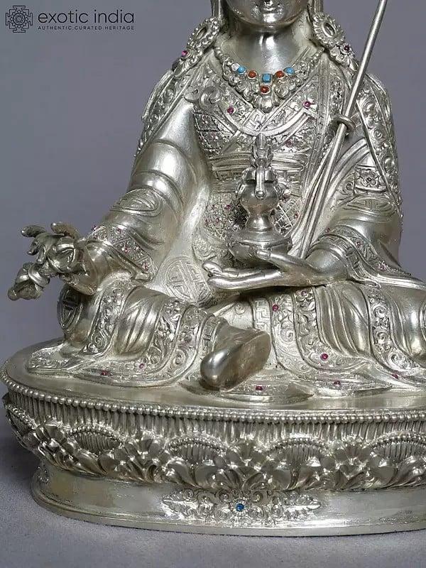 Exotic India 10" Silver Statue Of Guru Padmasambhava From Nepal | Handmade Idol 