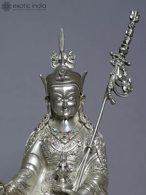 Exotic India 10" Silver Statue Of Guru Padmasambhava From Nepal | Handmade Idol 