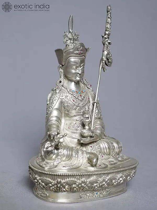 Exotic India 10" Silver Statue Of Guru Padmasambhava From Nepal | Handmade Idol 