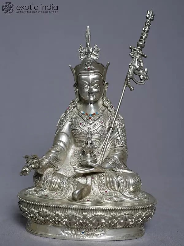 exotic india 10" Silver Statue Of Guru Padmasambhava From Nepal | Handmade Idol 