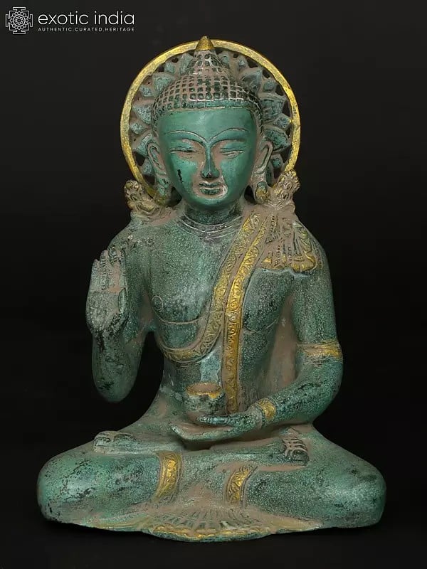 Exotic India 10" Sitting Lord Buddha In Different Mudras - Abhay Mudra Bhumisparsha Mudra Dhyan Mudra And Medicine Buddha | Set Of Four Brass Statues 