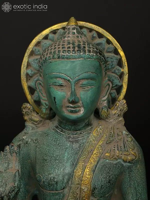 Exotic India 10" Sitting Lord Buddha In Different Mudras - Abhay Mudra Bhumisparsha Mudra Dhyan Mudra And Medicine Buddha | Set Of Four Brass Statues 
