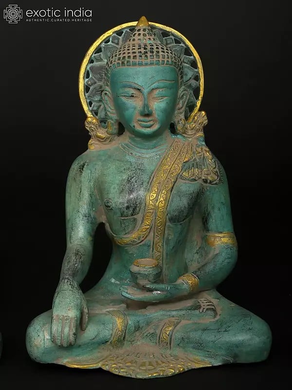 Exotic India 10" Sitting Lord Buddha In Different Mudras - Abhay Mudra Bhumisparsha Mudra Dhyan Mudra And Medicine Buddha | Set Of Four Brass Statues 