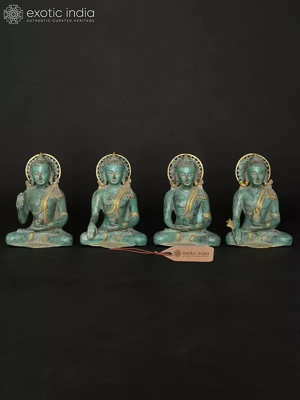 exotic india 10" Sitting Lord Buddha in Different Mudras - Abhay Mudra Bhumisparsha Mudra Dhyan Mudra and Medicine Buddha | Set of Four Brass Statues 
