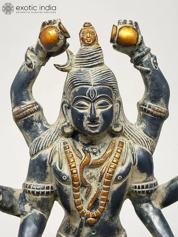 Exotic India 10" Six Armed Mahamrityunjaya Mahadev | Brass Statue 