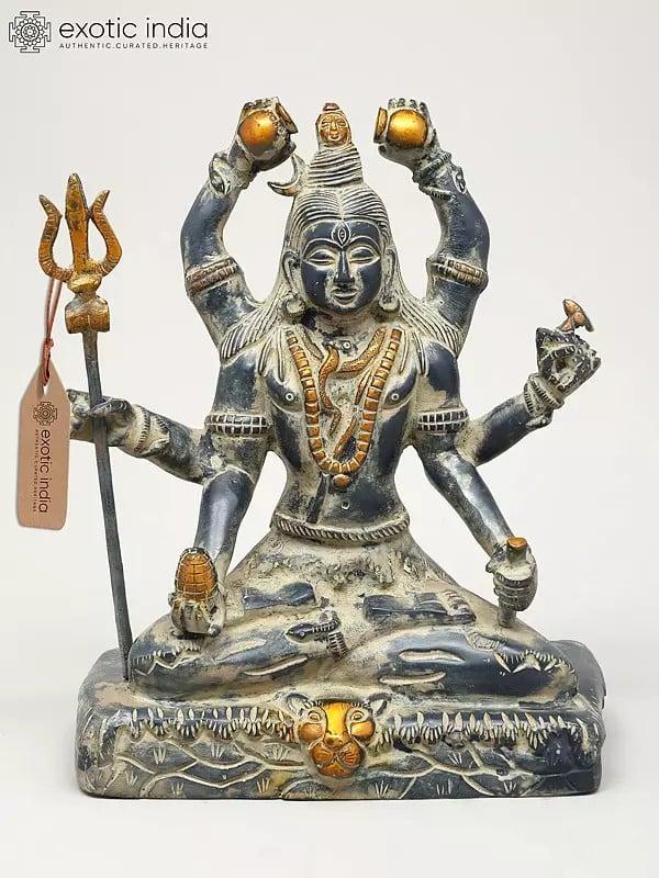 exotic india 10" Six Armed Mahamrityunjaya Mahadev | Brass Statue 