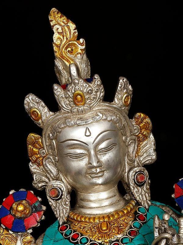 Exotic India 10" Tibetan Buddhist Goddesss Green Tara | Brass Statue With Inlay Work 