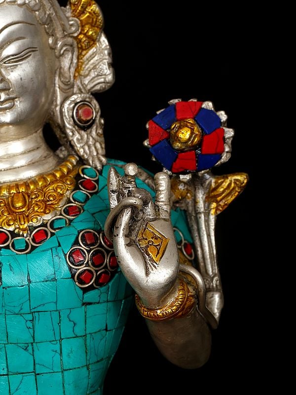 Exotic India 10" Tibetan Buddhist Goddesss Green Tara | Brass Statue With Inlay Work 