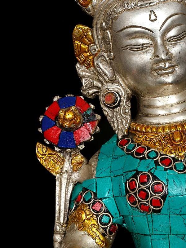 Exotic India 10" Tibetan Buddhist Goddesss Green Tara | Brass Statue With Inlay Work 