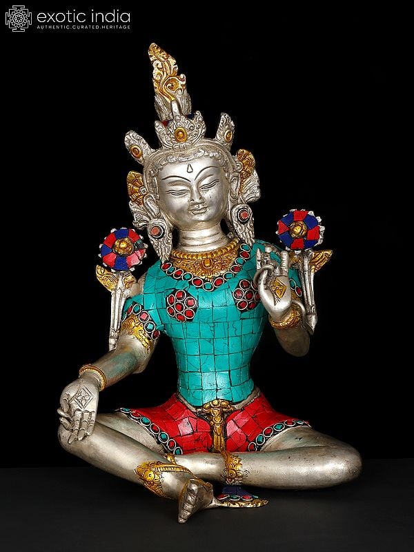 exotic india 10" Tibetan Buddhist Goddesss Green Tara | Brass Statue with Inlay Work 