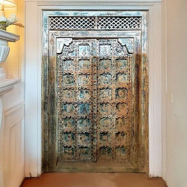 Exotic India 100" Large Indian Handmade Double Door In Wood | From Rajasthan