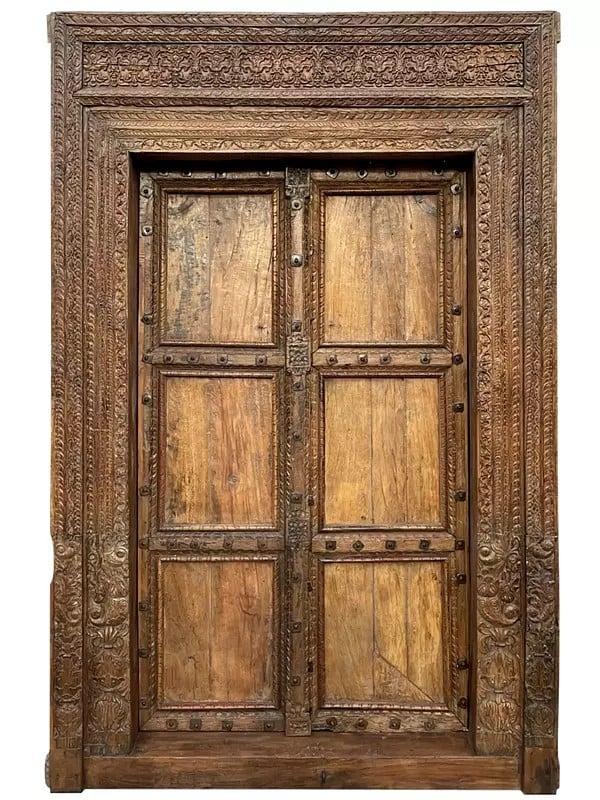exotic india 100" Large Traditional Detailed Hand Carved Old Wood Door For Home 