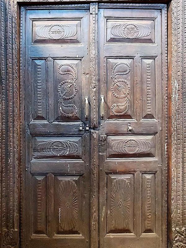 Exotic India 100" Large Traditional Wood Door With Designs And Flower Motifs On Top | Antique Door 