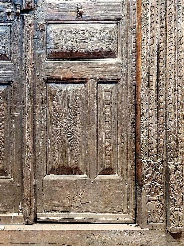 Exotic India 100" Large Traditional Wood Door With Designs And Flower Motifs On Top | Antique Door 