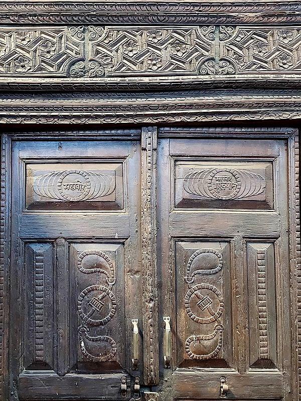 Exotic India 100" Large Traditional Wood Door With Designs And Flower Motifs On Top | Antique Door 