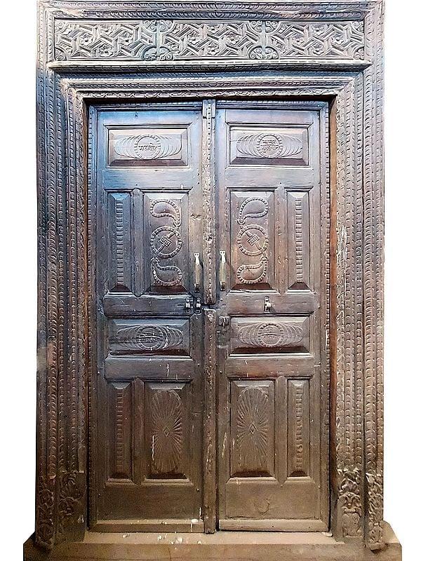 exotic india 100" Large Traditional Wood Door With Designs And Flower Motifs On Top | Antique Door 