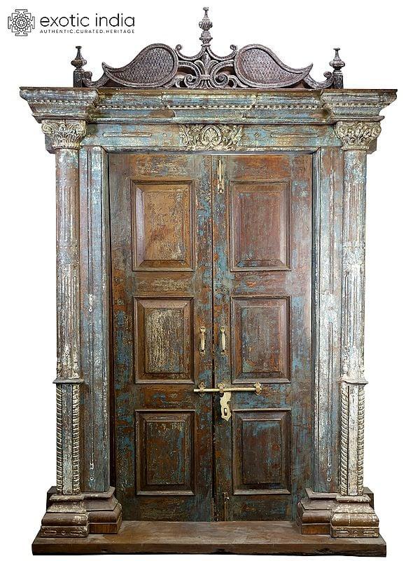 exotic india 100" Large Vintage Indian Door with Frame | Home Temple Decor 