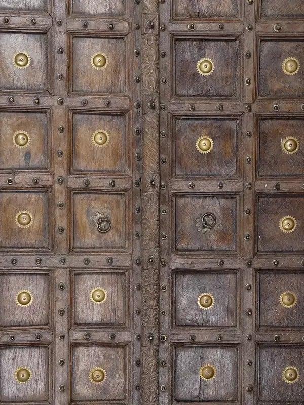 Exotic India 102" Large Square Design Vintage Indian Door With Brass Work 