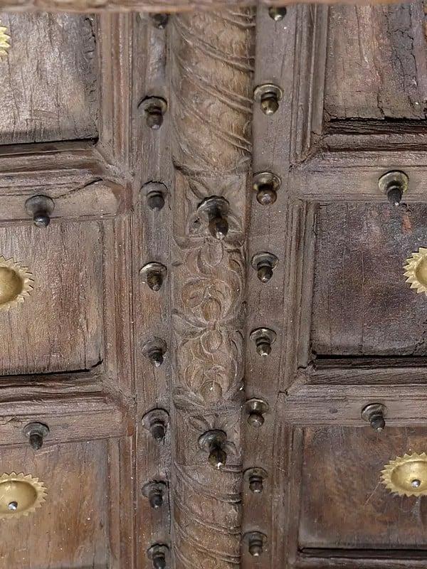 Exotic India 102" Large Square Design Vintage Indian Door With Brass Work 