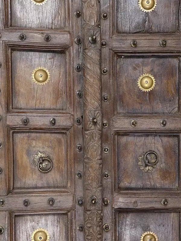 Exotic India 102" Large Square Design Vintage Indian Door With Brass Work 