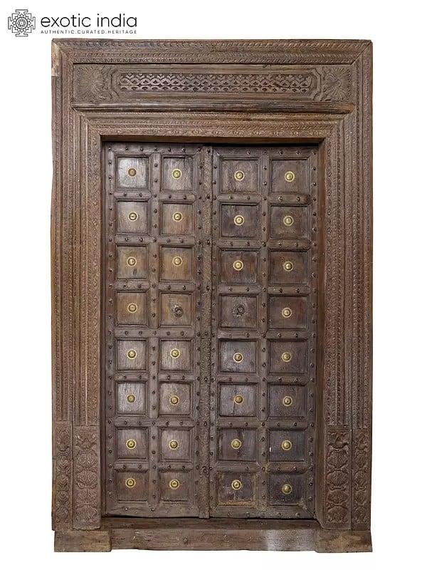 exotic india 102" Large Square Design Vintage Indian Door with Brass Work