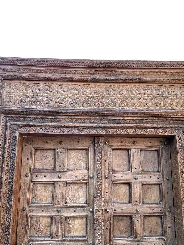 Exotic India 104" Large Wood Carved Door With Square Design And Floral Border 