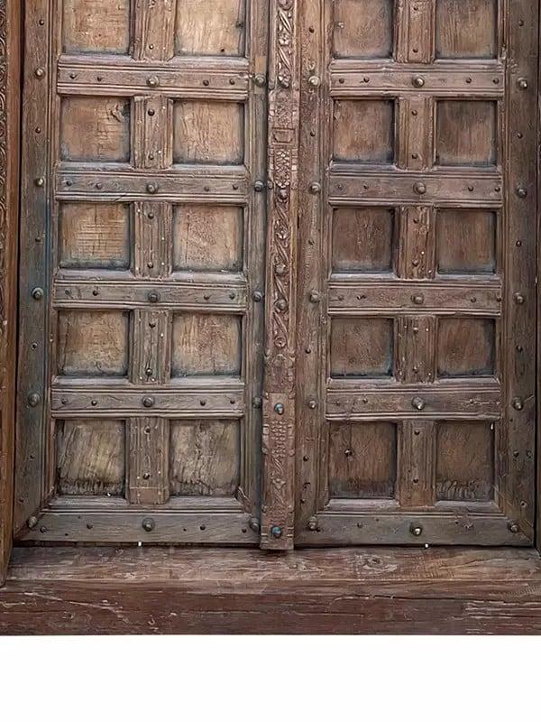 Exotic India 104" Large Wood Carved Door With Square Design And Floral Border 