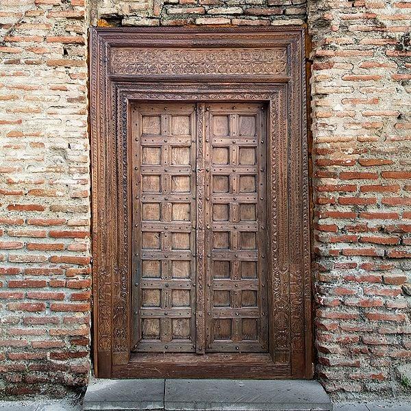 Exotic India 104" Large Wood Carved Door With Square Design And Floral Border 