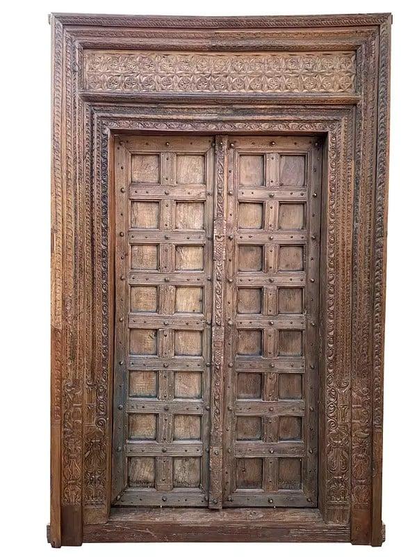 exotic india 104" Large Wood Carved Door with Square Design and Floral Border 