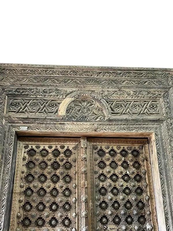 Exotic India 105" Large Antique Wood Door With Attractive Carving
