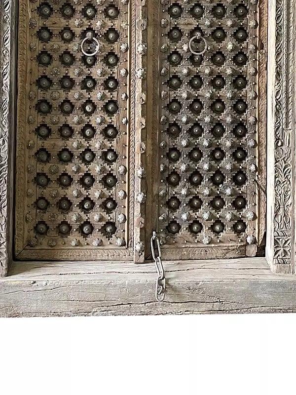Exotic India 105" Large Antique Wood Door With Attractive Carving