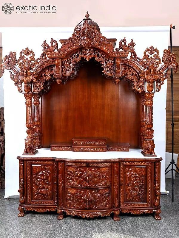 Exotic India 105" Super Large Wood Carved Designer Puja Temple With Drawers 