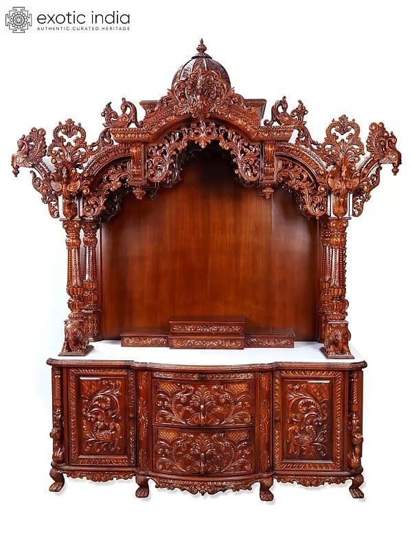exotic india 105" Super Large Wood Carved Designer Puja Temple with Drawers 