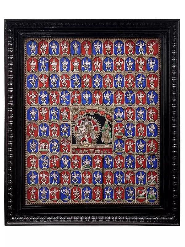 exotic india 108 Tandavas of Bhagwan Shiva Tanjore Painting | Traditional Colors With 24K Gold | Gold & Wood | Handmade 