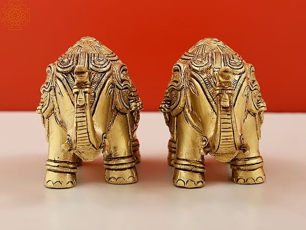 Exotic India 11" Brass Royal Elephant Pair | Handmade Brass Figurines 