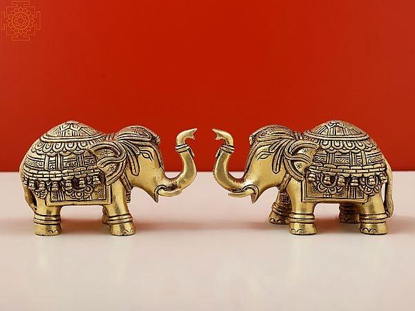 Exotic India 11" Brass Royal Elephant Pair | Handmade Brass Figurines 