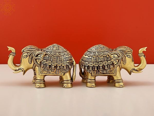 exotic india 11" Brass Royal Elephant Pair | Handmade Brass Figurines 