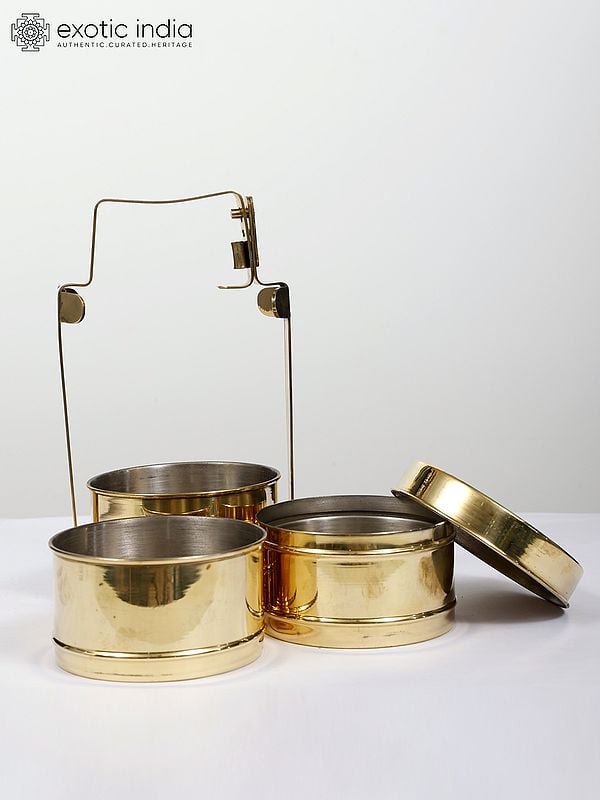 Exotic India 11" Brass Three Tier Lunch Box/Tiffin Box 