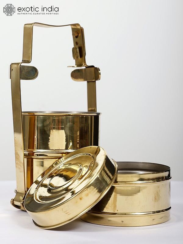 Exotic India 11" Brass Three Tier Lunch Box/Tiffin Box 