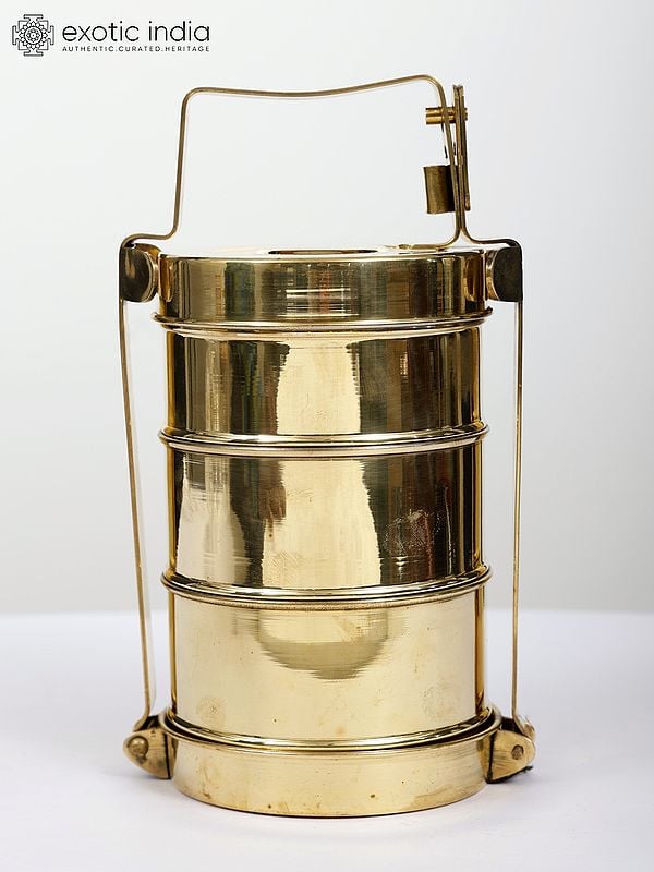 exotic india 11" Brass Three Tier Lunch Box/Tiffin Box