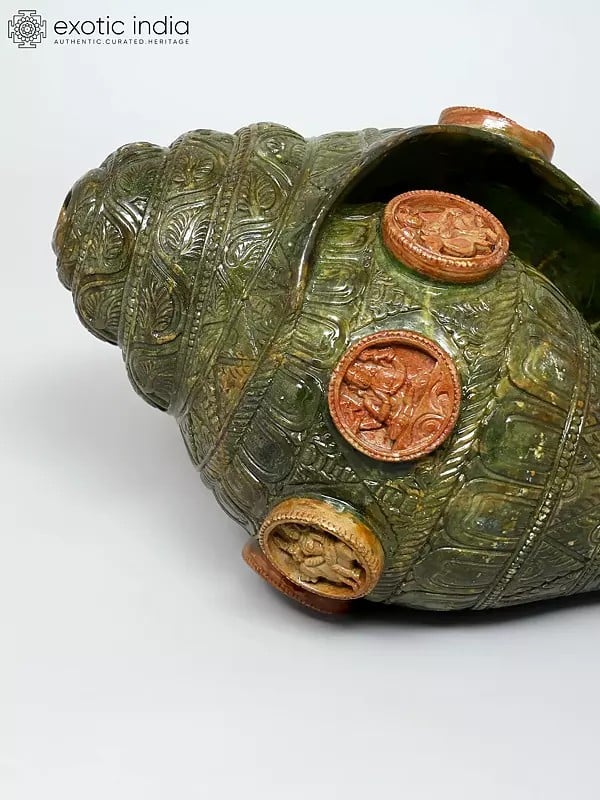 Exotic India 11" Conch (Shankh) In Green Stone | Made In Orissa 