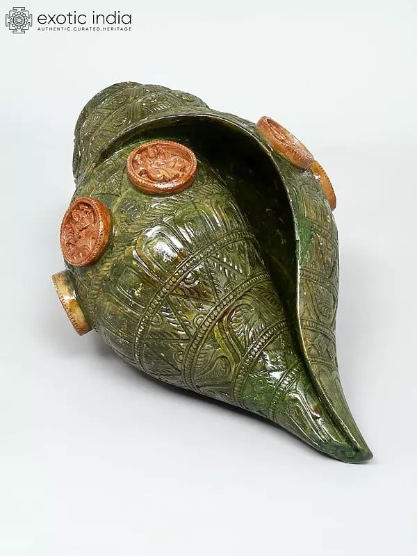 Exotic India 11" Conch (Shankh) In Green Stone | Made In Orissa 