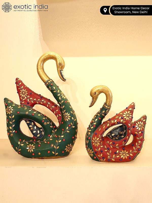Exotic India 11" Cygnet With Mother Swan Figurine | Brass Statues With Inlay Work | Table Decor 