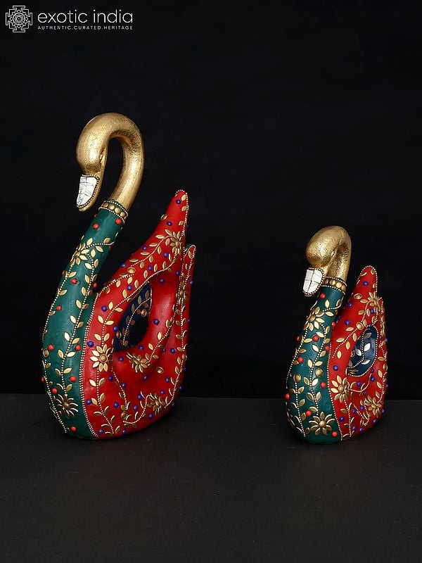 Exotic India 11" Cygnet With Mother Swan Figurine | Brass Statues With Inlay Work | Table Decor 
