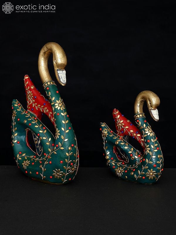 Exotic India 11" Cygnet With Mother Swan Figurine | Brass Statues With Inlay Work | Table Decor 