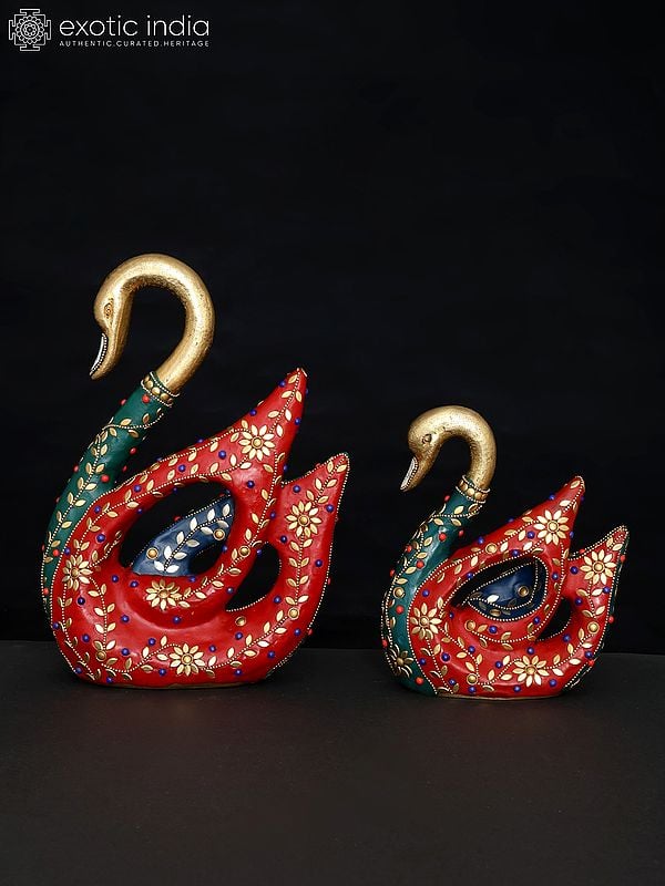 exotic india 11" Cygnet with Mother Swan Figurine | Brass Statues with Inlay Work | Table Decor 