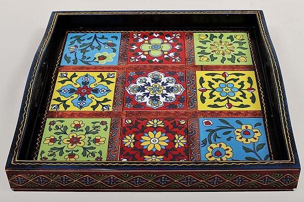 Exotic India 11" Decorative Colorful Floral Design Tray | Decorative Tray | Handmade Art | Made In India