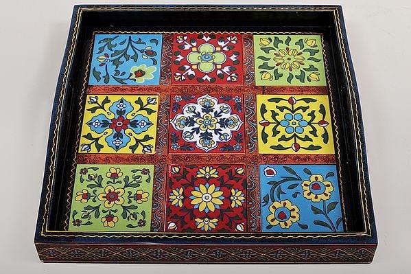 Exotic India 11" Decorative Colorful Floral Design Tray | Decorative Tray | Handmade Art | Made In India
